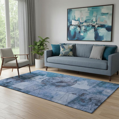 5' X 8' Blue And Gray Geometric Washable Area Rug With UV Protection