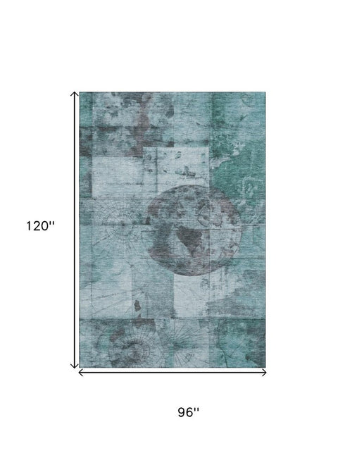 8' X 10' Teal And Gray Geometric Washable Area Rug With UV Protection