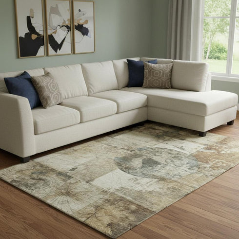 8' X 10' Taupe Gray And Beige Geometric Washable Area Rug With UV Protection