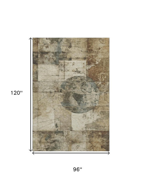 8' X 10' Taupe Gray And Beige Geometric Washable Area Rug With UV Protection