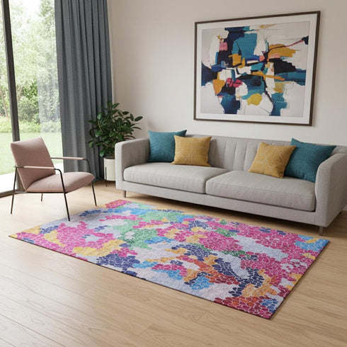 5' X 8' Blush Blue And Yellow Geometric Washable Area Rug With UV Protection