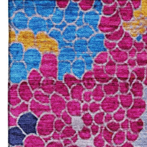 5' X 8' Blush Blue And Yellow Geometric Washable Area Rug With UV Protection