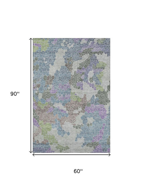 5' X 8' Blue Green And Lavender Geometric Washable Area Rug With UV Protection
