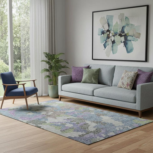 5' X 8' Blue Green And Lavender Geometric Washable Area Rug With UV Protection