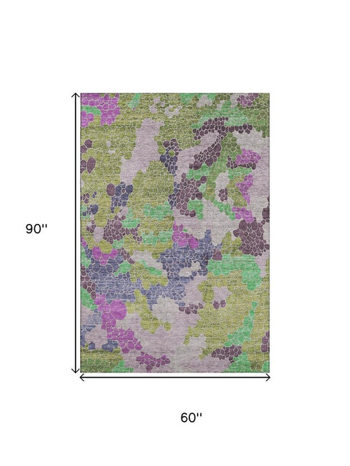 5' X 8' Fern Green Eggplant And Blush Geometric Washable Area Rug With UV Protection