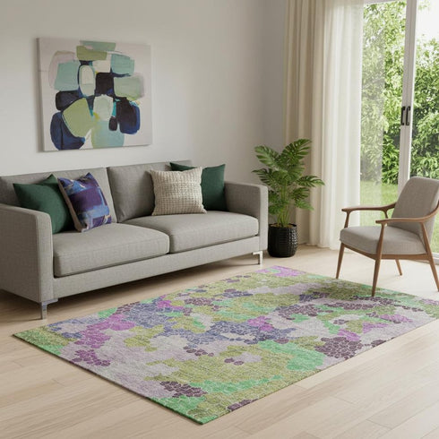 5' X 8' Fern Green Eggplant And Blush Geometric Washable Area Rug With UV Protection