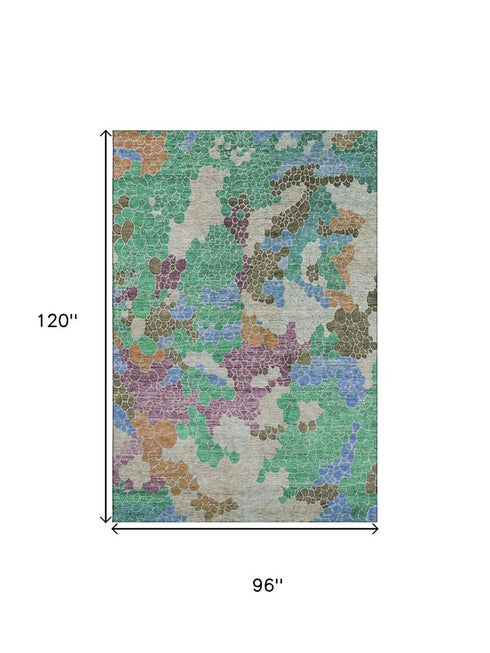 8' X 10' Green Copper And Blue Geometric Washable Area Rug With UV Protection