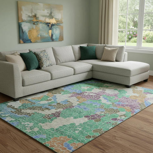 8' X 10' Green Copper And Blue Geometric Washable Area Rug With UV Protection