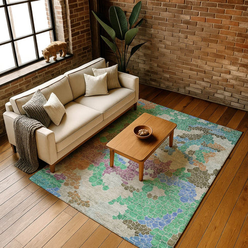 8' X 10' Green Copper And Blue Geometric Washable Area Rug With UV Protection