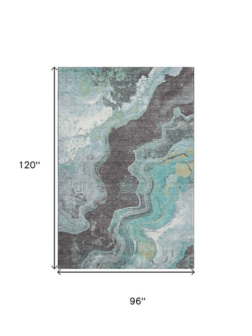 8' X 10' Teal Gray And Ivory Abstract Washable Area Rug With UV Protection