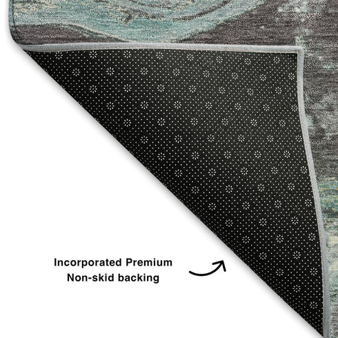 8' X 10' Teal Gray And Ivory Abstract Washable Area Rug With UV Protection