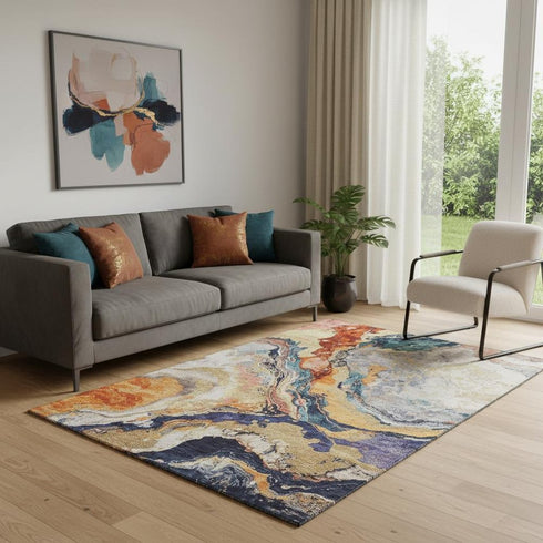 5' X 8' Linen Purple And Ivory Abstract Washable Area Rug With UV Protection