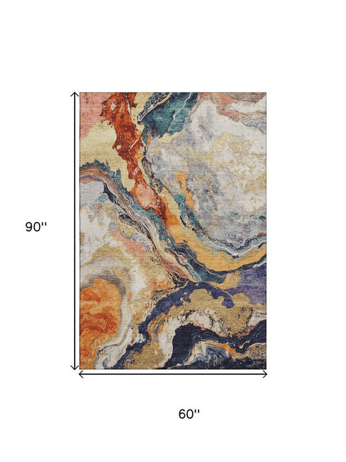 5' X 8' Linen Purple And Ivory Abstract Washable Area Rug With UV Protection