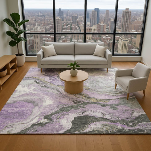 8' X 10' Lavender Gray And Ivory Abstract Washable Area Rug With UV Protection