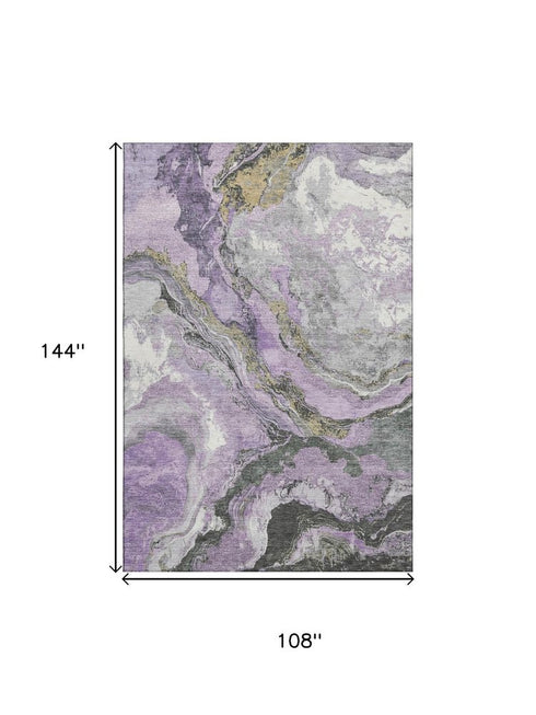 9' X 12' Lavender Gray And Ivory Abstract Washable Area Rug With UV Protection
