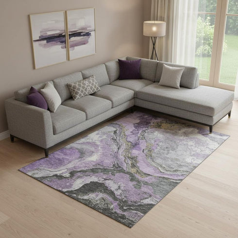 9' X 12' Lavender Gray And Ivory Abstract Washable Area Rug With UV Protection