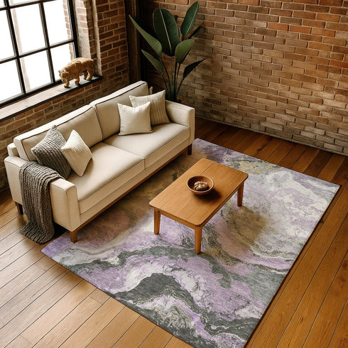 9' X 12' Lavender Gray And Ivory Abstract Washable Area Rug With UV Protection