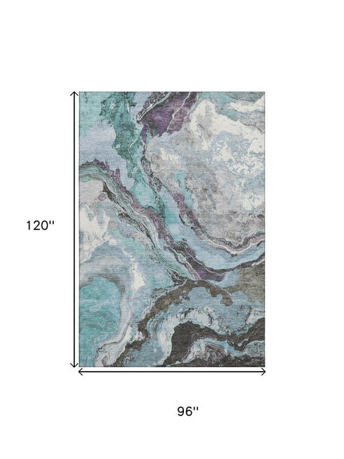 8' X 10' Teal Gray And Ivory Abstract Washable Area Rug With UV Protection