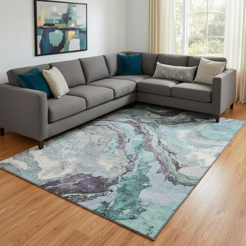 8' X 10' Teal Gray And Ivory Abstract Washable Area Rug With UV Protection
