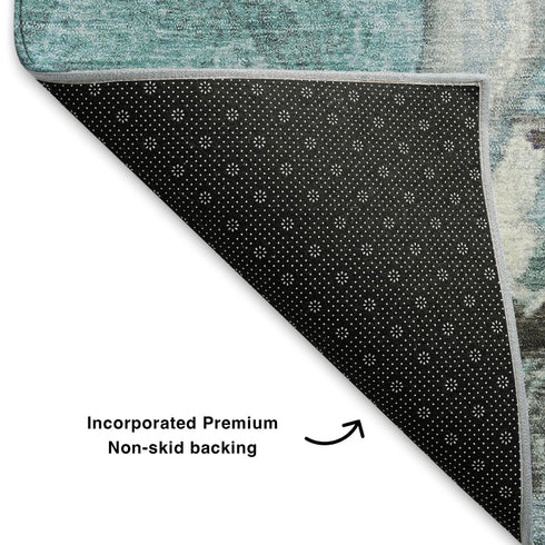 8' X 10' Teal Gray And Ivory Abstract Washable Area Rug With UV Protection