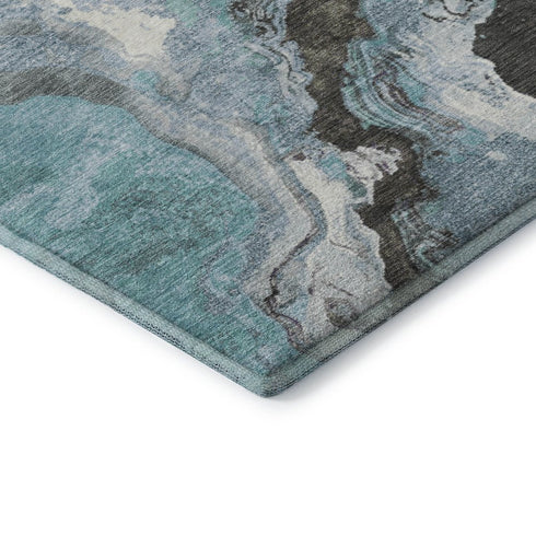 8' X 10' Teal Gray And Ivory Abstract Washable Area Rug With UV Protection