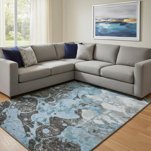 8' X 10' Blue Gray And Ivory Abstract Washable Area Rug With UV Protection