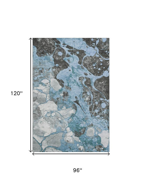 8' X 10' Blue Gray And Ivory Abstract Washable Area Rug With UV Protection