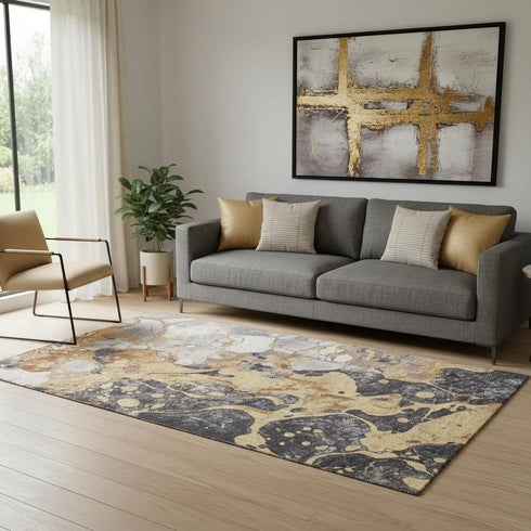 5' X 8' Gold Gray And Ivory Abstract Washable Area Rug With UV Protection