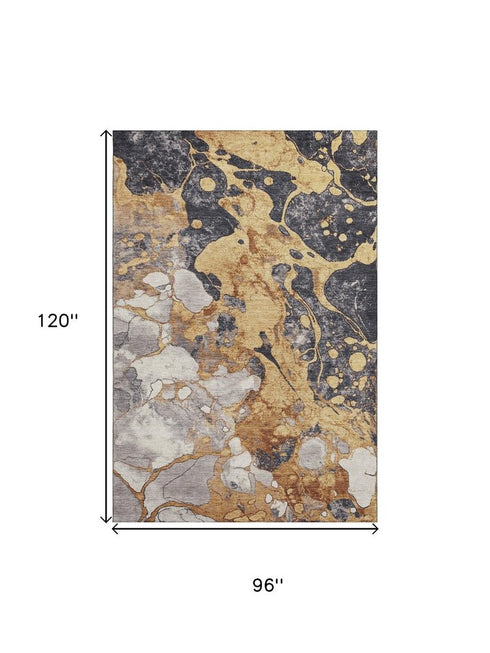 8' X 10' Gold Gray And Ivory Abstract Washable Area Rug With UV Protection