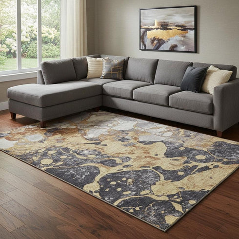 8' X 10' Gold Gray And Ivory Abstract Washable Area Rug With UV Protection