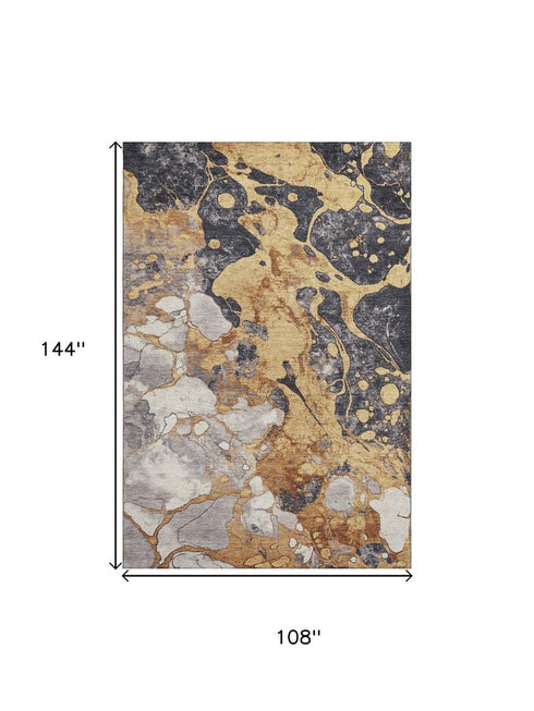 9' X 12' Gold Gray And Ivory Abstract Washable Area Rug With UV Protection