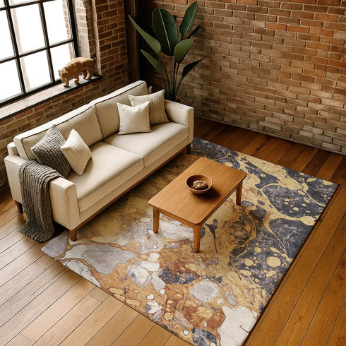 9' X 12' Gold Gray And Ivory Abstract Washable Area Rug With UV Protection