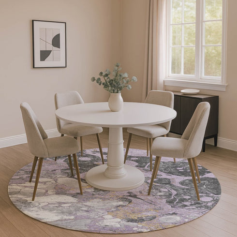 8' Lavender Beige And Gray Abstract Washable Round Rug With UV Protection