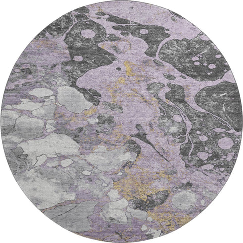 8' Lavender Beige And Gray Abstract Washable Round Rug With UV Protection