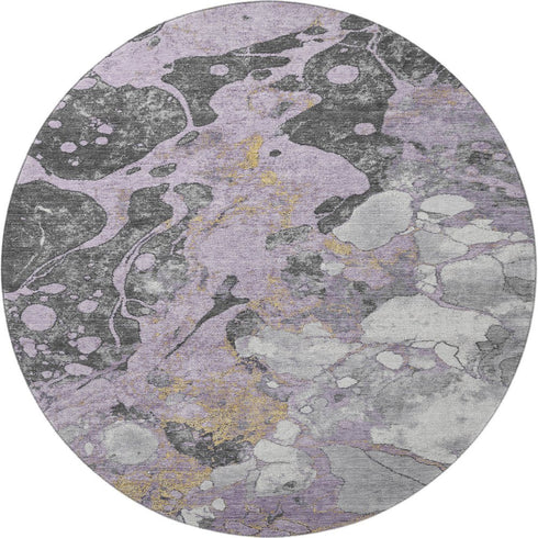 8' Lavender Beige And Gray Abstract Washable Round Rug With UV Protection