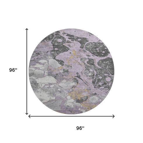 8' Lavender Beige And Gray Abstract Washable Round Rug With UV Protection