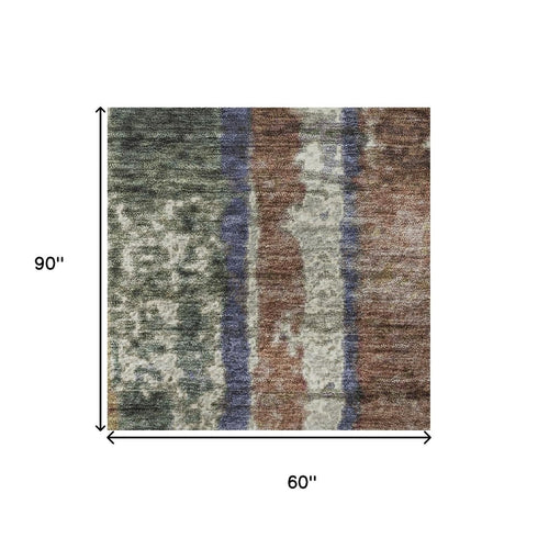 5' X 8' Blush Sage And Gold Striped Washable Area Rug With UV Protection