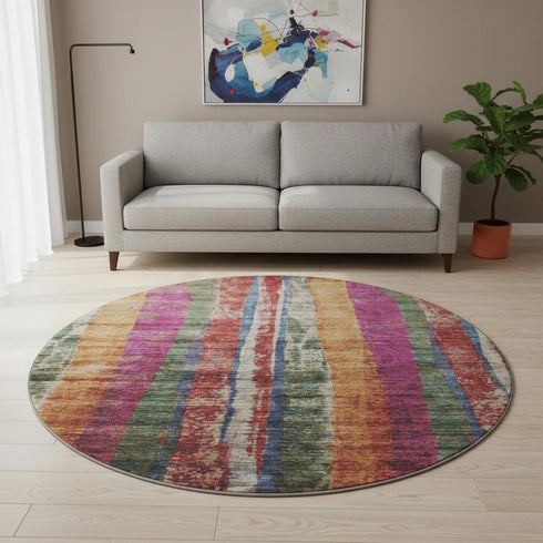 8' Beige Orange And Blue Striped Washable Round Rug With UV Protection