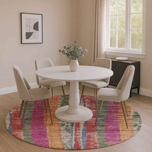 8' Beige Orange And Blue Striped Washable Round Rug With UV Protection
