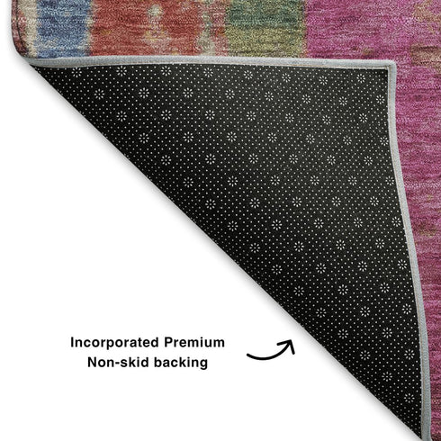 8' Beige Orange And Blue Striped Washable Round Rug With UV Protection