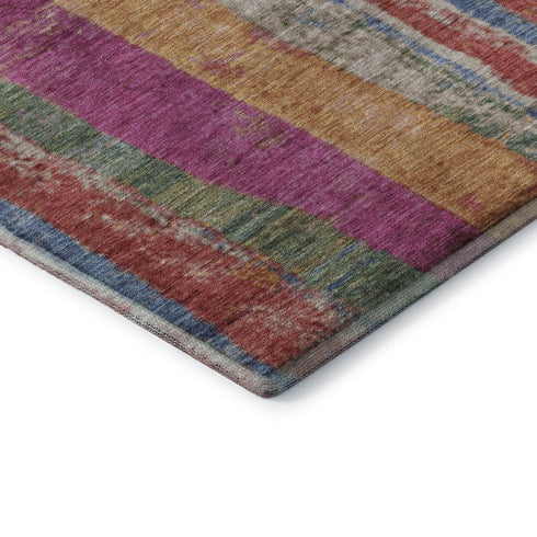 8' Beige Orange And Blue Striped Washable Round Rug With UV Protection