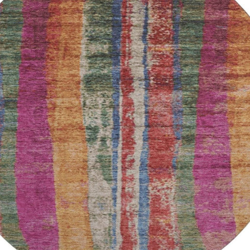 8' Beige Orange And Blue Striped Washable Round Rug With UV Protection