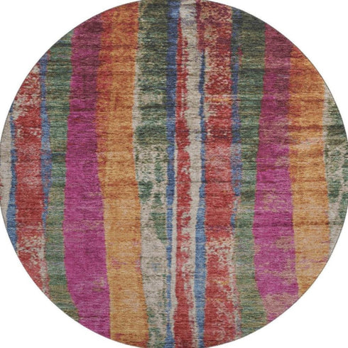 8' Beige Orange And Blue Striped Washable Round Rug With UV Protection