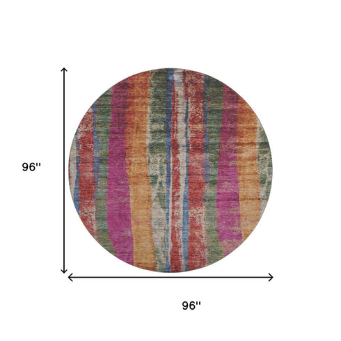 8' Beige Orange And Blue Striped Washable Round Rug With UV Protection