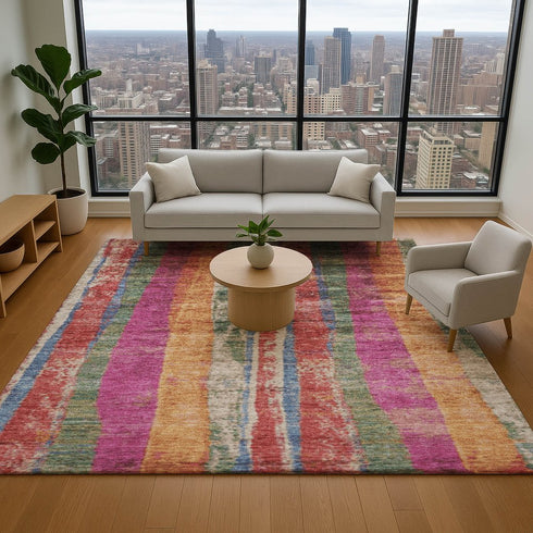 9' X 12' Beige Orange And Blue Striped Washable Area Rug With UV Protection