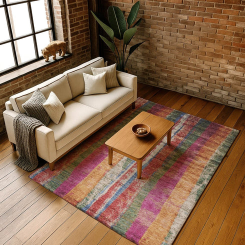 9' X 12' Beige Orange And Blue Striped Washable Area Rug With UV Protection