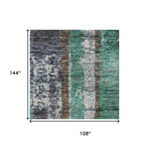 9' X 12' Teal Green And Ivory Striped Washable Area Rug With UV Protection