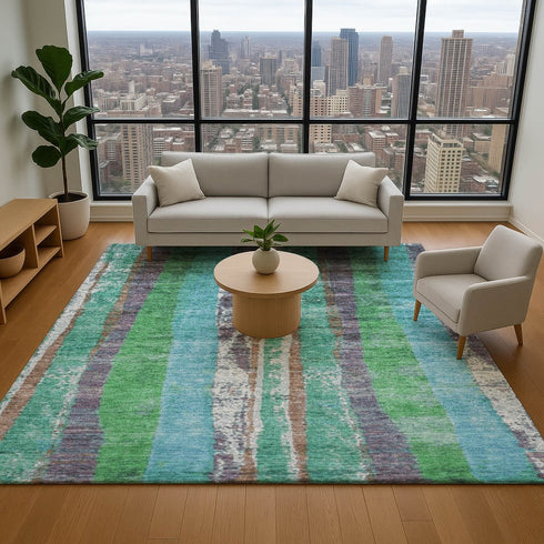 9' X 12' Teal Green And Ivory Striped Washable Area Rug With UV Protection