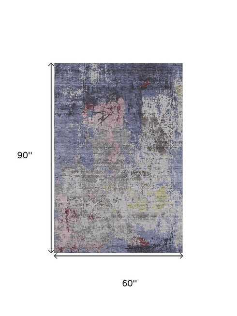 5' X 8' Blue Pink And Ivory Abstract Washable Area Rug With UV Protection