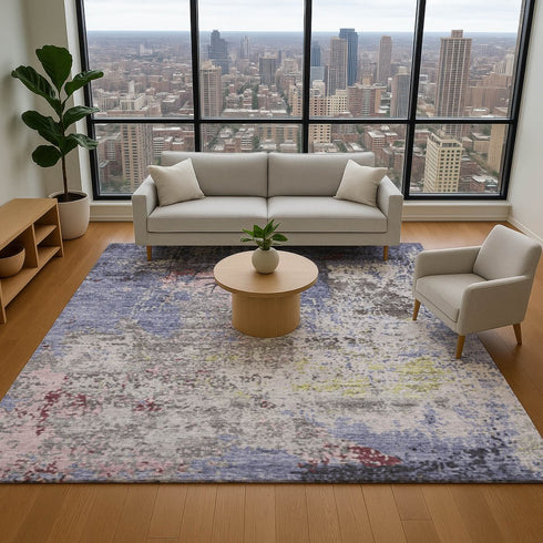 9' X 12' Blue Pink And Ivory Abstract Washable Area Rug With UV Protection